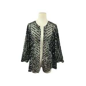 Chicos Sheer Black & White Striped Open Cardigan Jacket Size 3